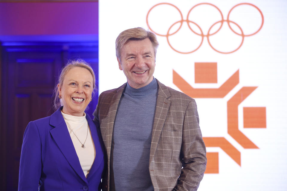 British ice dancers Christopher Dean, right and Jayne Torvill pose for a photo after the press conference in Sarajevo, Bosnia, Wednesday, Feb. 14, 2024. British ice dancers Jayne Torvill and Christopher Dean arrived in Bosnian capital to join the celebrations of the anniversary of the Sarajevo Winter Olympics, where they performed 40 years ago the routine which gave them the first, and so far only, perfect score in Olympic skating history. (AP Photo/Armin Durgut)