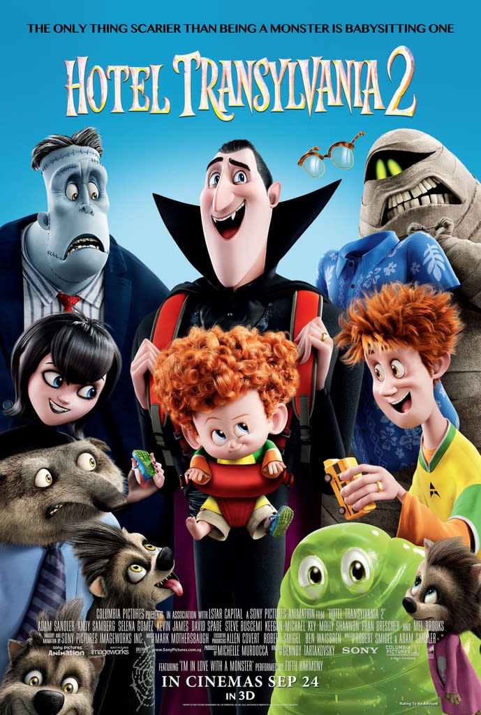 Adam Sandler, Selena Gomez, Kevin James, Steve Buscemi, Keegan-Michael Key, Molly Shannon and Fran Drescher lend their voice talents to Hotel Transylvania 2. Poster credit: Sony Pictures