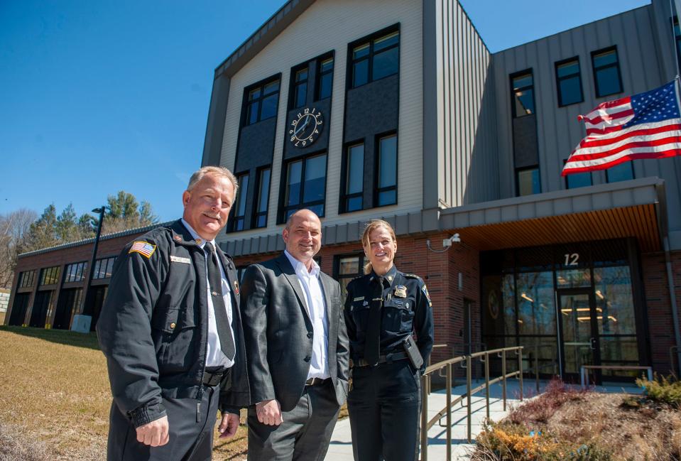 Ashland's new $30 million public safety building, at 12 Union St., is open for business. From left are Fire Chief Keith Robie, Town Manager Michael Herbert and Police Chief Cara Rossi. The Police Department has already moved in, with the Fire Department coming early next month.