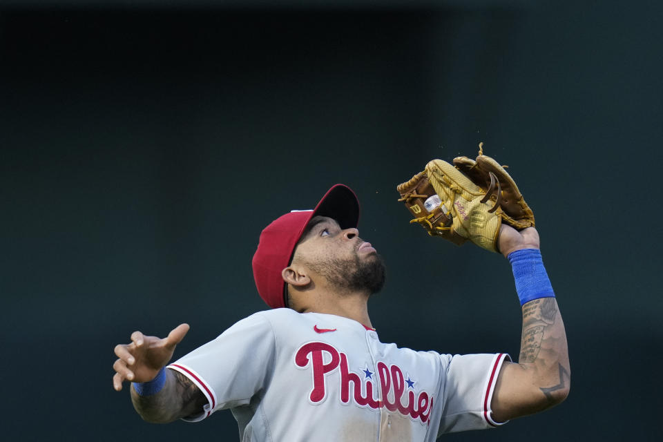 Philadelphia Phillies third baseman Edmundo Sosa catches a popup by Oakland Athletics' Ryan Noda during the sixth inning of a baseball game in Oakland, Calif., Friday, June 16, 2023. (AP Photo/Godofredo A. Vásquez)