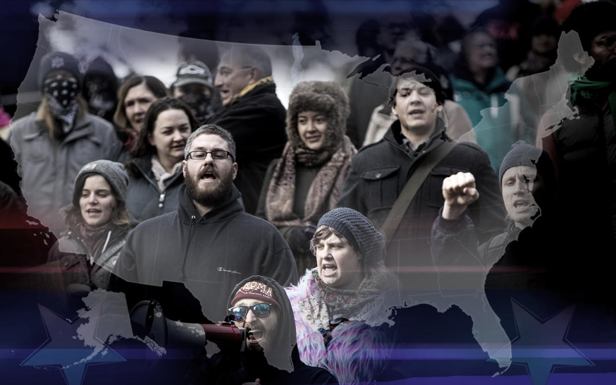 Counterprotesters of an “alt-right” free speech event in Boston Common on Nov. 18, 2017. (Yahoo News photo-illustration; photos: Scott Eisen/Getty Images/AP)