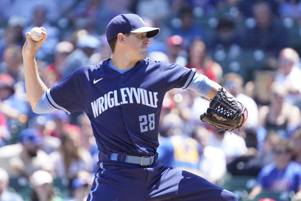 Chicago Cubs starting pitcher Kyle Hendricks (28) throws the ball against the St. Louis Cardinals during the first inning of a baseball game, Friday, July 9, 2021, in Chicago. (AP Photo/David Banks)