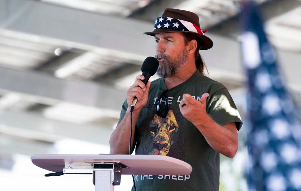 Alan Hostetter speaks during a pro-Trump election integrity rally he organized at the Orange County Registrar of Voters offices in Santa Ana, Calif. (Paul Bersebach/The Orange County Register via AP)