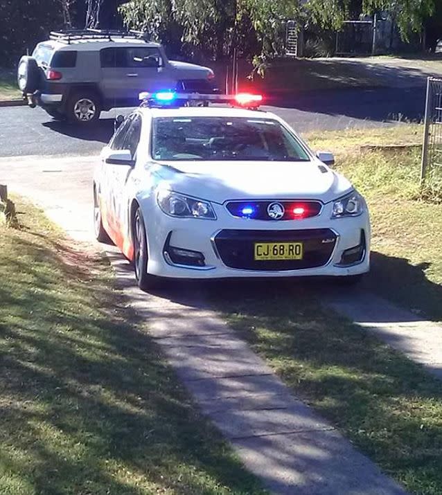 The NSW Police car pulled into the Sydney man's driveway to preform a breath test. Source: Facebook/Dylcey Grimding