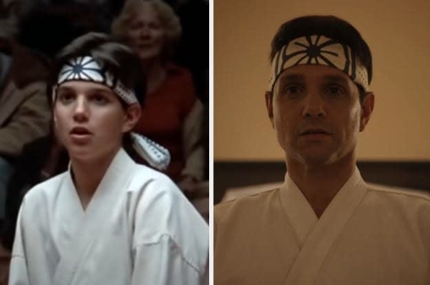 Ralph Macchio as Daniel LaRusso fights Johnny in "The Karate Kid," and he tries on his karate gear again in "Cobra Kai"