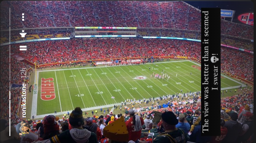 Ronika Stone posted on Instagram that her view from the top row of Arrowhead Stadium wasn't that bad when she watched her boyfriend, Jordan Love, make his first NFL start.