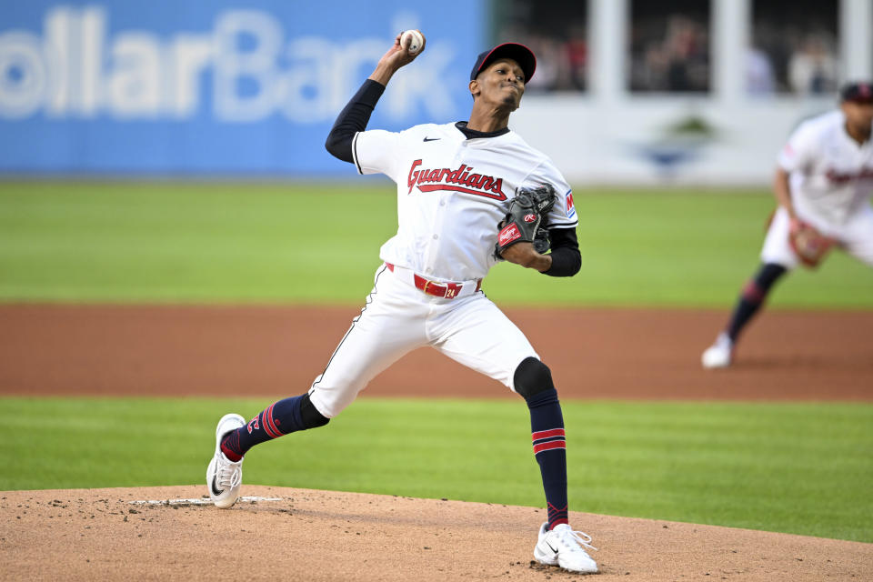 Cleveland Guardians starting pitcher Triston McKenzie delivers during the first inning of the team's baseball game against the Oakland Athletics, Friday, April 19, 2024, in Cleveland. (AP Photo/Nick Cammett)