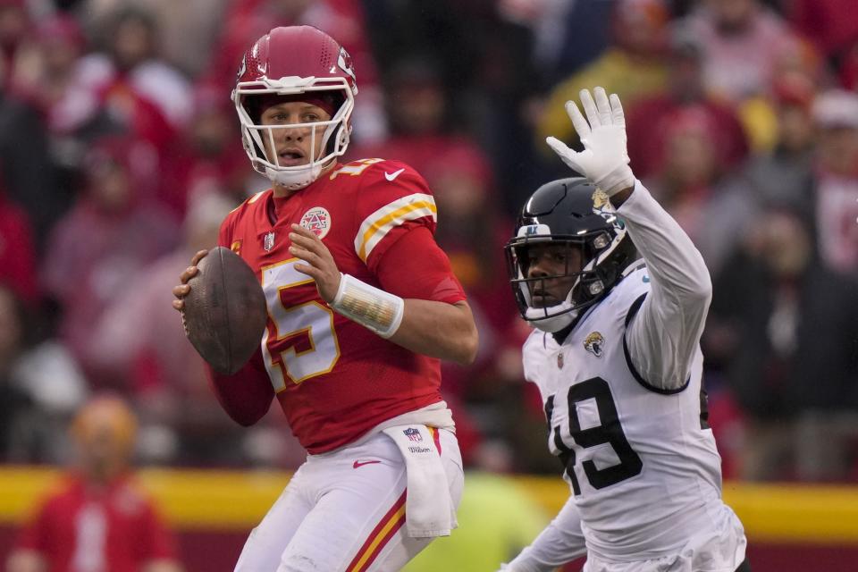 Former Jaguars' defensive end Arden Key (49), seen here pressuring Kansas City Chiefs quarterback Patrick Mahomes in an AFC Division round playoff game, says he "felt disrespected" over not being retained by the team after signing with the Tennessee Titans.