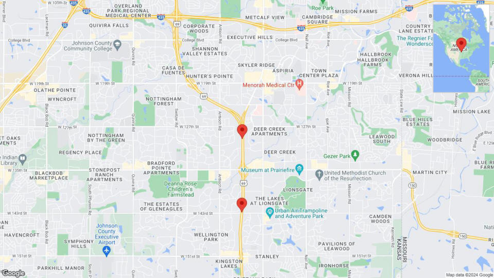 A detailed map that shows the affected road due to 'Lane on US-69 closed in Overland Park' on May 30th at 7:46 p.m.