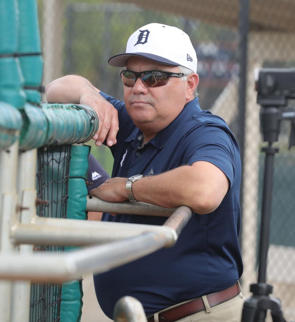 Detroit Tigers GM Al Avila watches spring traning practice Monday, Feb. 18, 2019 at Publix Field at Joker Marchant Stadium in Lakeland, Fla.