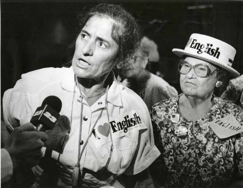 Patricia Keller, of Citizens of Dade United, and Rita Mason voice opposition to the repealing of the county’s English-only law during a Metro-Dade Commission meeting on July 21, 1987.