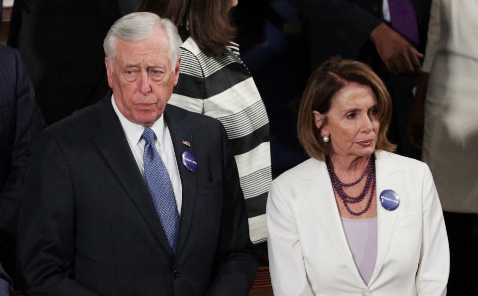 WASHINGTON, DC - FEBRUARY 28:  U.S. Rep Steny Hoyer (D-MD) and  House Minority Leader Nancy Pelosi (D-CA) arrive to a joint session of the U.S. Congress with U.S. President Donald Trump on February 28, 2017 in the House chamber of  the U.S. Capitol in Washington, DC. Trump's first address to Congress is expected to focus on national security, tax and regulatory reform, the economy, and healthcare.  (Photo by Alex Wong/Getty Images)