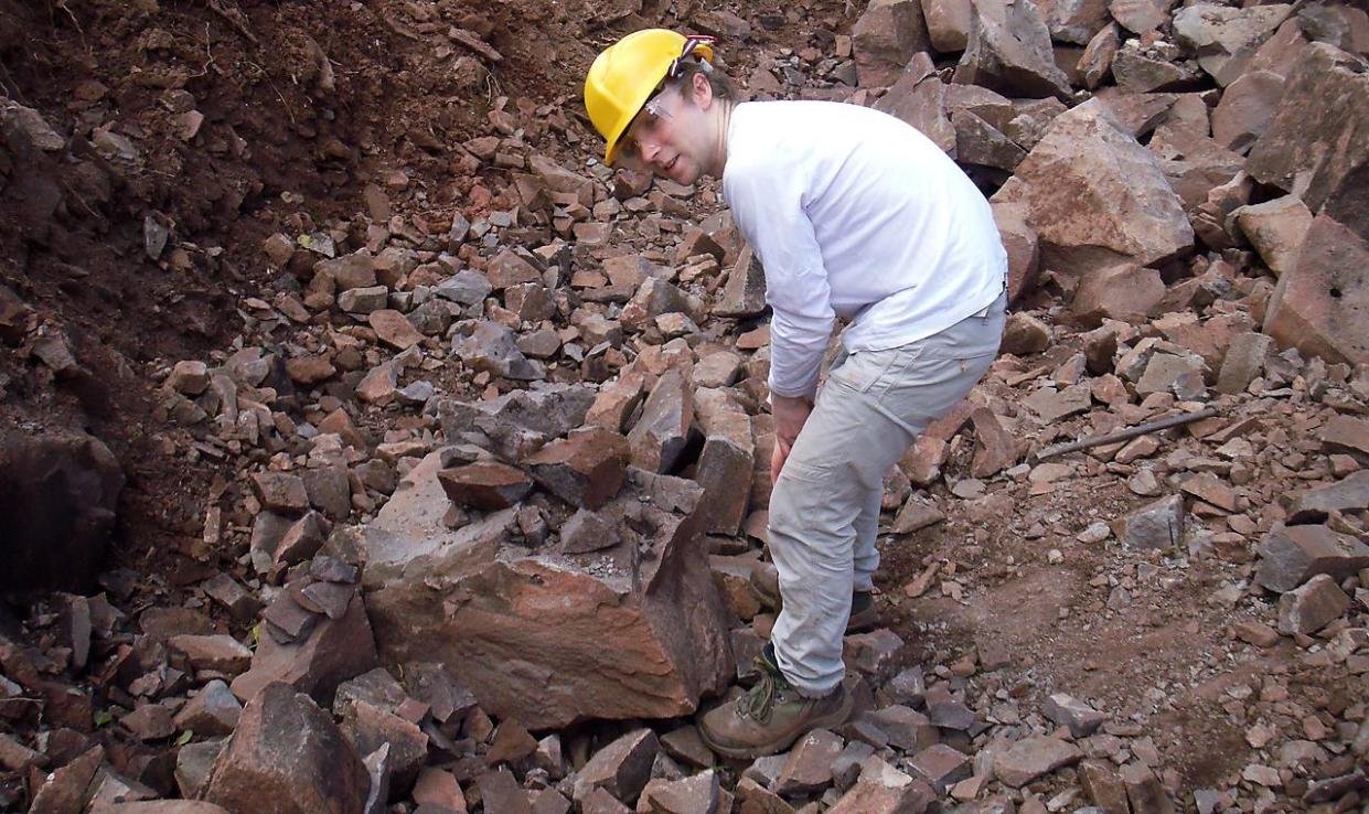 <em>Masters student Callum Hatch was part of the research team which visited 22 sites in Devon and Cornwall that were left exposed following geological events, such as underground volcanic eruptions (Picture: University of Plymouth)</em>