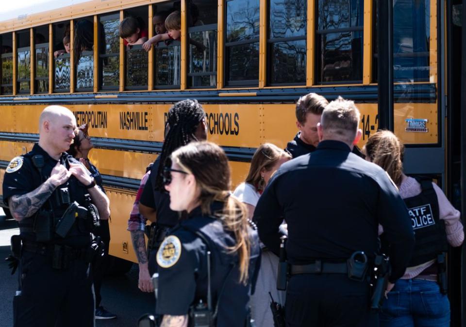 NASHVILLE, TN - MARCH 27: School buses with children arrive at Woodmont Baptist Church to be reunited with their families after a mass shooting at The Covenant School on March 27, 2023 in Nashville, Tennessee. According to initial reports, three students and three adults were killed by the shooter, a 28-year-old woman. The shooter was killed by police responding to the scene. (Photo by Seth Herald/Getty Images)
