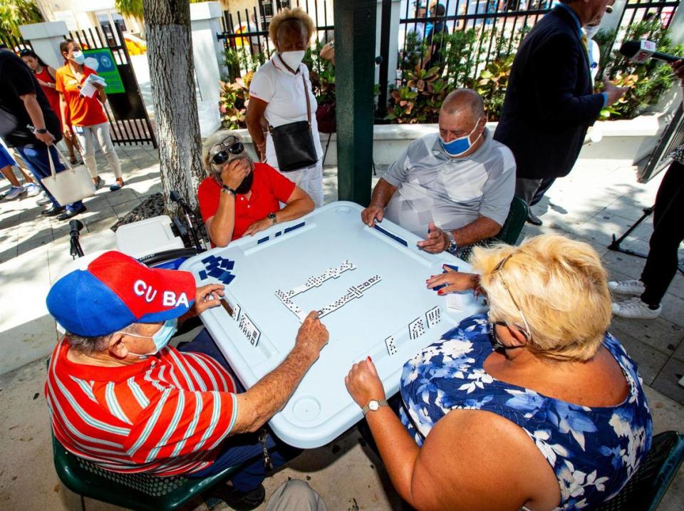 People are able to play dominoes again at Domino Park in the Little Havana neighborhood of Miami, Florida, on May 3, 2021.