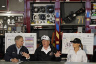 <p>President Donald Trump, flanked by Texas Gov. Greg Abbott and first lady Melania Trump speaks during a briefing on Harvey relief efforts, Tuesday, Aug. 29, 2017, at Firehouse 5 in Corpus Christi, Texas. (Photo: Evan Vucci/AP) </p>