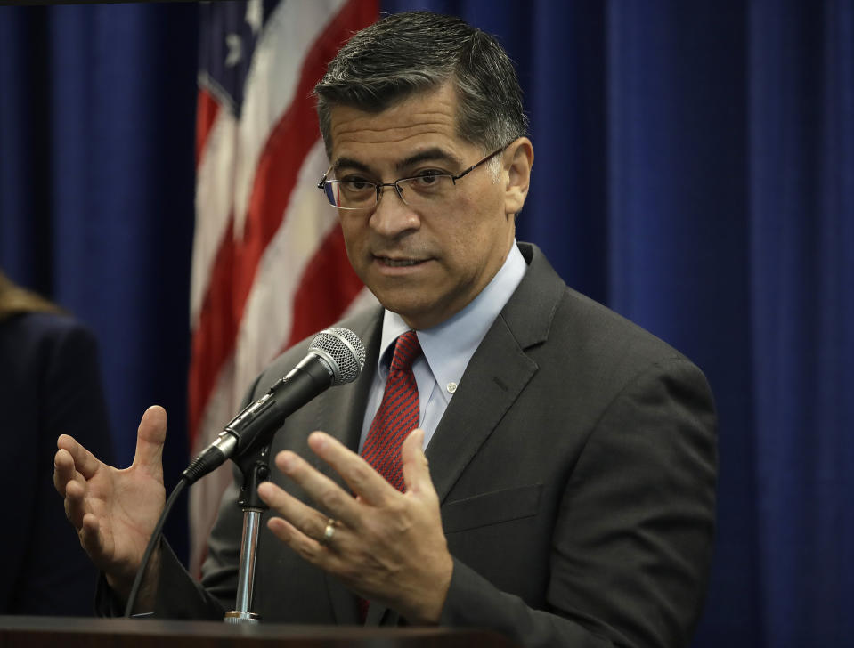 FILE - In this Nov. 6, 2019, file photo California Attorney General Xavier Becerra gestures while speaking at a media conference in San Francisco. Forty million Californians will shortly obtain sweeping digital privacy rights stronger than any seen before in the U.S., posing a significant challenge to Big Tech and the data economy it helped create. “If we do this right in California," says Becerra, the state will "put the capital P back into privacy for all Americans.” (AP Photo/Ben Margot, File)