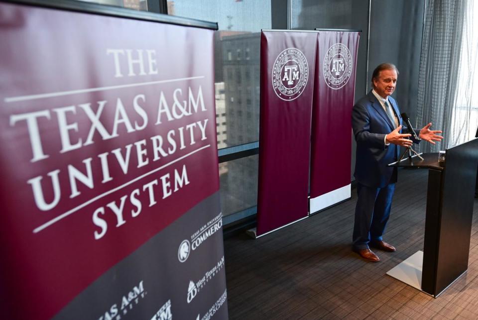 John Sharp, Chancellor of the Texas A&M University System, speaks during a press conference in between a Texas A&M Board of Regents meeting at the PalmWood event and conference center inside the Frost Tower in downtown Fort Worth, on Thursday, May 19, 2022.