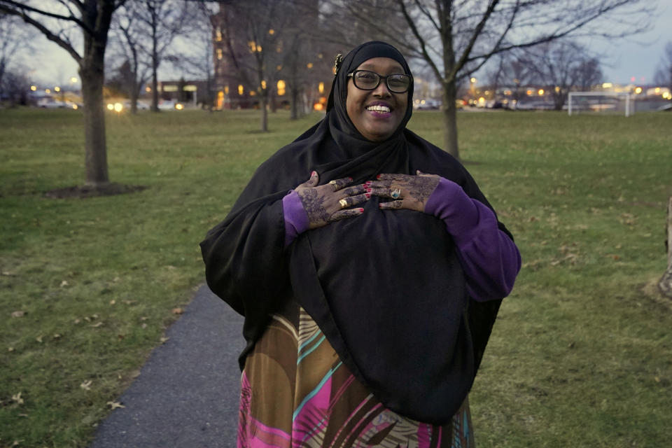 FILE - In this Dec. 7, 2021 photo, Deqa Dhalac, poses near her home after being elected mayor of South Portland, Maine. Dhalac, 54, who fled Mogadishu three decades ago, became the first Somali-American mayor in the United States. She is now seeking a seat in the Maine House. (AP Photo/Robert F. Bukaty, File)