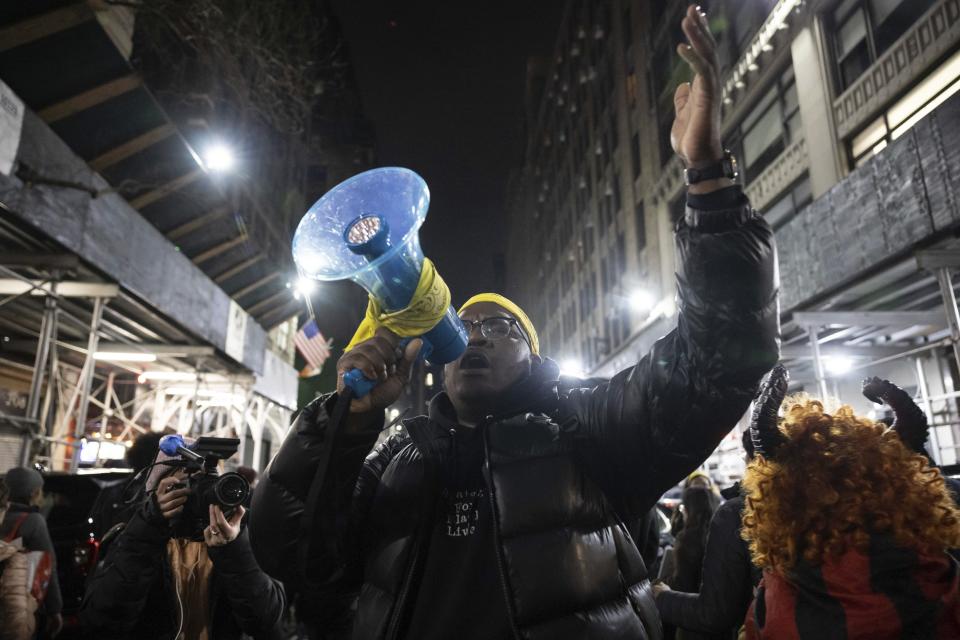 A demonstrator chants during a protest Saturday, Jan. 28, 2023, in New York, in response to the death of Tyre Nichols, who died after being beaten by Memphis police during a traffic stop. (AP Photo/Yuki Iwamura)