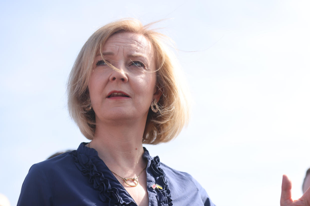 Liz Truss speaks to supporters during a visit to Ashley House, Marden, Kent, as part of her campaign to be leader of the Conservative and Unionist Party and the next prime minister. Picture date: Saturday July 23, 2022. (Photo by James Manning/PA Images via Getty Images)