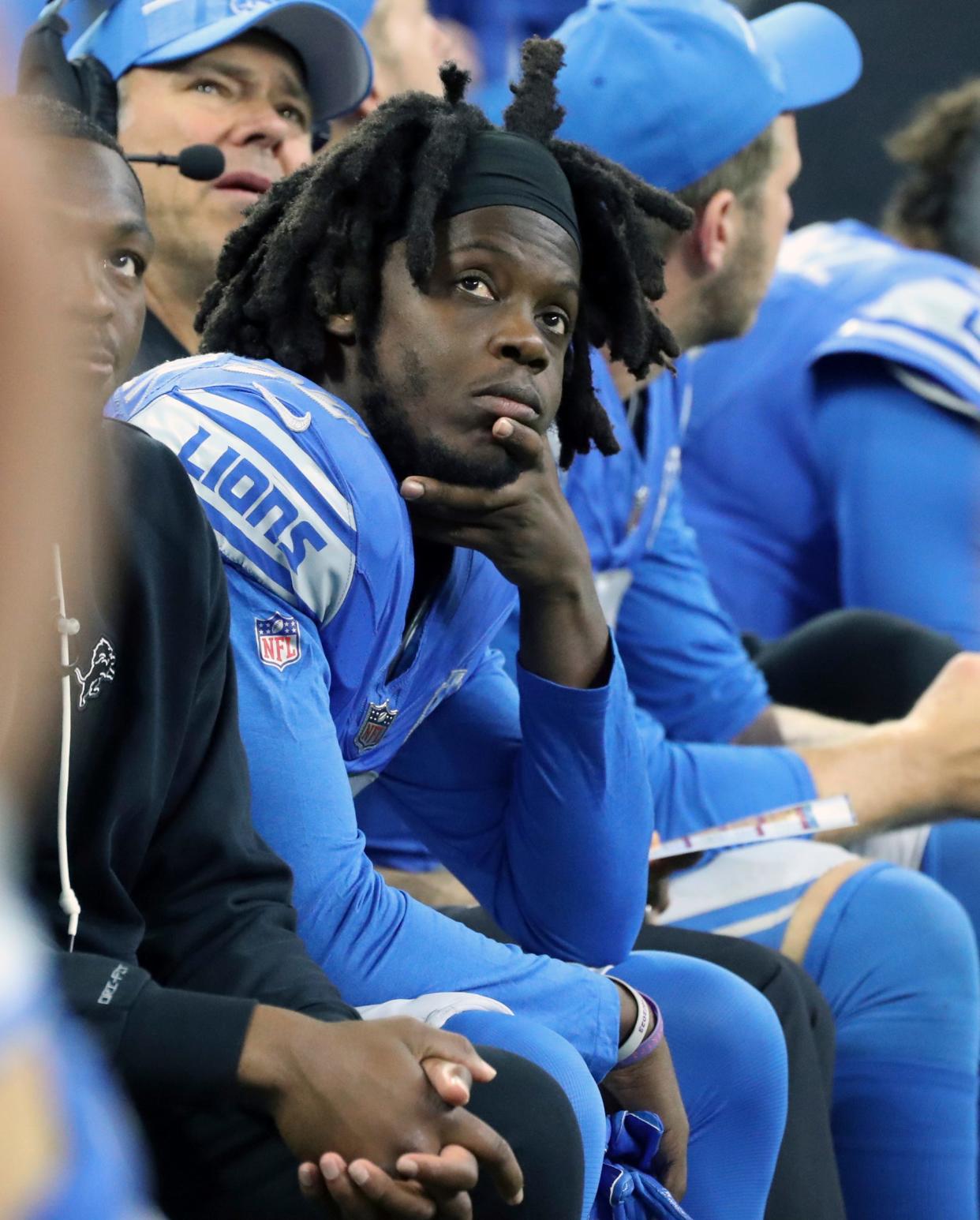 Detroit Lions quarterback Teddy Bridgewater (50) on the bench during action against the Jacksonville Jaguars at Ford Field in a preseason game Saturday, August 19, 2023.