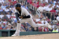 New York Yankees starting pitcher Domingo German throws during the first inning of a baseball game against the St. Louis Cardinals Saturday, Aug. 6, 2022, in St. Louis. (AP Photo/Jeff Roberson)