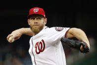 Washington Nationals starting pitcher Stephen Strasburg throws to the Philadelphia Phillies in the third inning of a baseball game, Thursday, Sept. 26, 2019, in Washington. (AP Photo/Patrick Semansky)