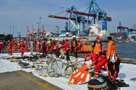 Rescue team members arrange the wreckage, showing part of the logo of Lion Air flight JT610, that crashed into the sea, at Tanjung Priok port in Jakarta, Indonesia. REUTERS/Stringer