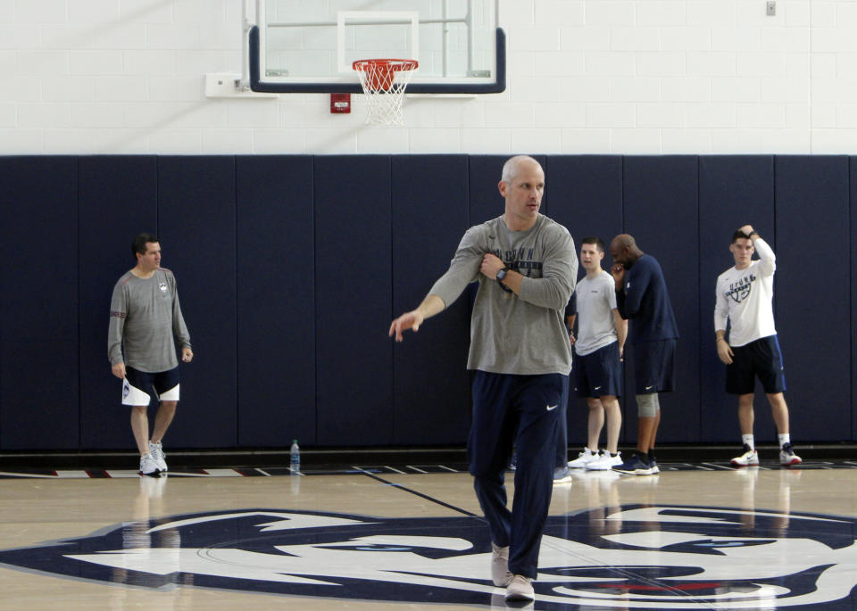 Connecticut coach Dan Hurley holds his first NCAA college basketball practice on Saturday, Sept. 29, 2018 in Storrs, Connecticut. The team opened practice a day after the NCAA notified the school of violations during former coach Kevin Ollie's tenure there. (AP Photo/Pat Eaton-Robb)