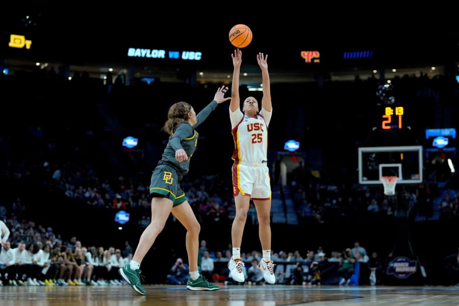 PORTLAND, OREGON – MARCH 30: McKenzie Forbes #25 of the USC Trojans shoots over Darianna Littlepage-Buggs #5 of the Baylor Lady Bears during the second half in the Sweet 16 round of the NCAA Women’s Basketball Tournament at Moda Center on March 30, 2024 in Portland, Oregon. (Photo by Soobum Im/Getty Images)