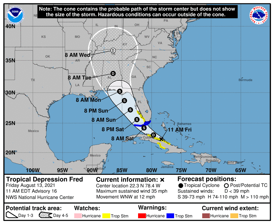 The forecast track of Tropical Depression Fred.