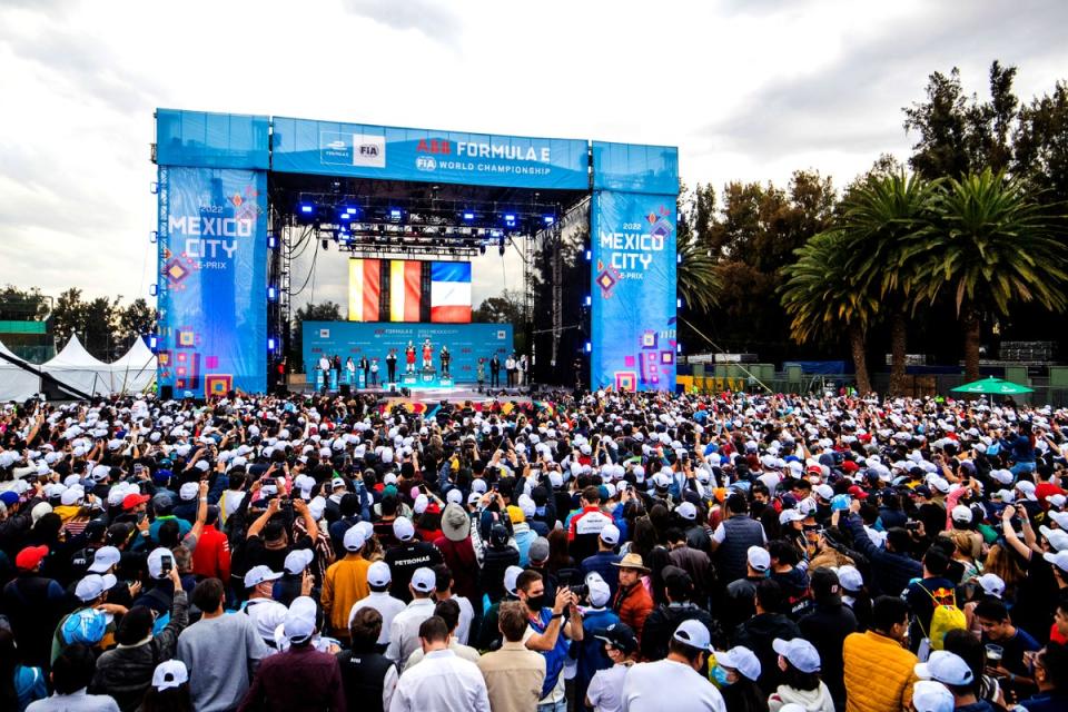 Podium celebration during the Mexico City ePrix at Autodromo Hermanos Rodriguez in February 2022 in Mexico City, Mexico (Sam Bloxham / LAT Images)