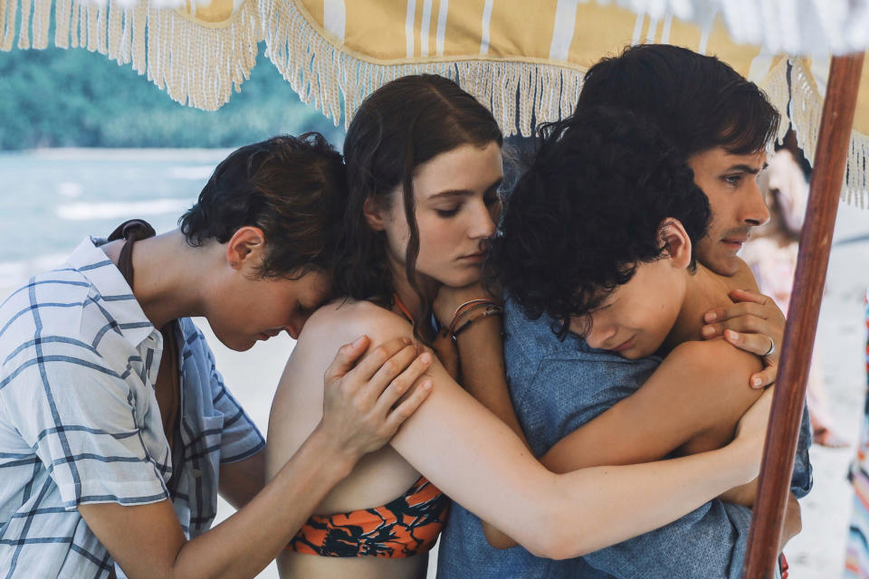 (from left) Prisca (Vicky Krieps), Maddox (Thomasin McKenzie), Guy (Gael GarcÃ­a Bernal) and Trent (Luca Faustino Rodriguez) in Old, written and directed by M. Night Shyamalan.