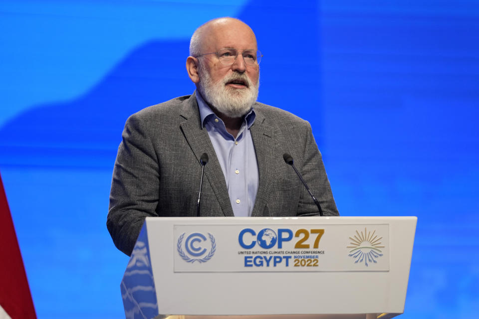 Frans Timmermans, executive vice president of the European Commission, speaks at the COP27 U.N. Climate Summit, Tuesday, Nov. 15, 2022, in Sharm el-Sheikh, Egypt. (AP Photo/Peter Dejong)