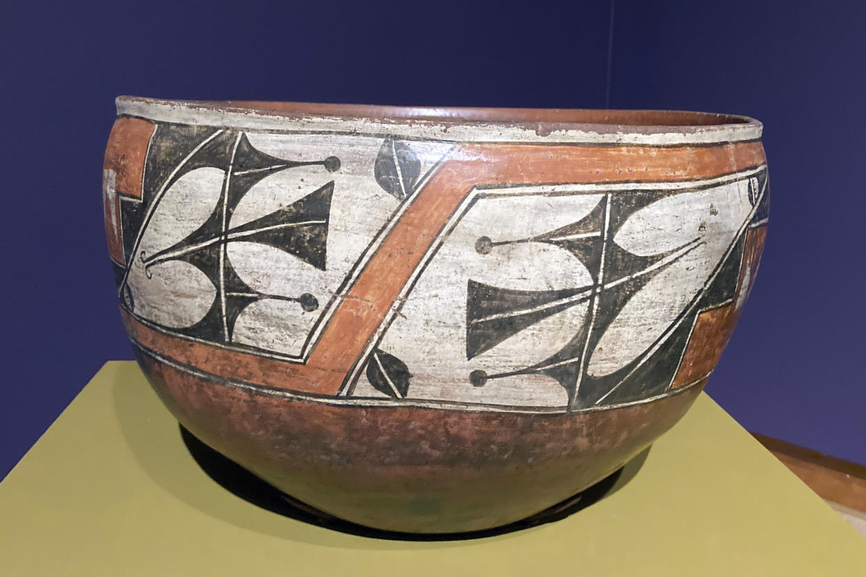A dough bowl made in the Zia Pueblo in New Mexico in the 1930s-1940s is displayed at the Shelburne Museum in Shelburne, Vt., Friday, June 21, 2023. (AP Photo/Lisa Rathke)