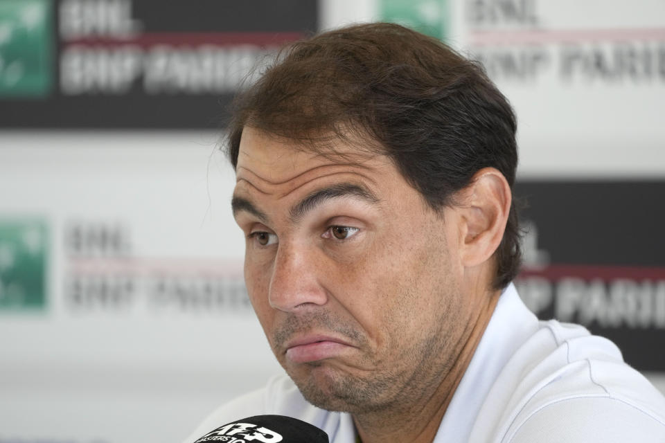 Rafael Nadal, of Spain, talks to journalists during a press conference at the Italian Open tennis tournament in Rome, Wednesday, May 8, 2024.(AP Photo/Gregorio Borgia)