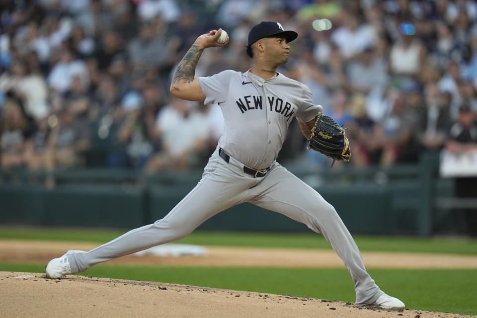 New York Yankees starting pitcher Luis Gil throws against the Chicago White Sox during the first inning of a baseball game Monday, Aug. 12, 2024, in Chicago. (AP Photo/Erin Hooley)