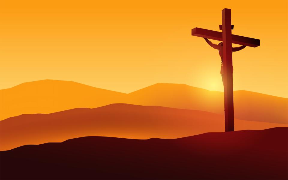 Biblical vector illustration series, back view of Jesus on the cross wearing a crown of thorns