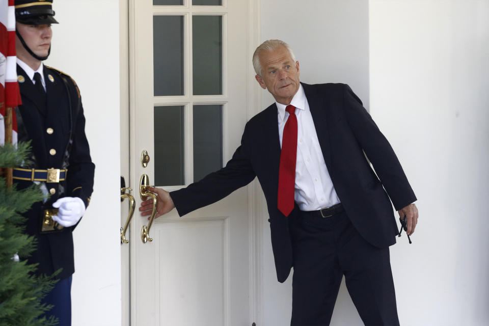 White House trade adviser Peter Navarro enters the West Wing shortly before Mexican President Andres Manuel Lopez Obrador arrives to meet with President Donald Trump at the White House in Washington, Wednesday, July 8, 2020. (AP Photo/Patrick Semansky)