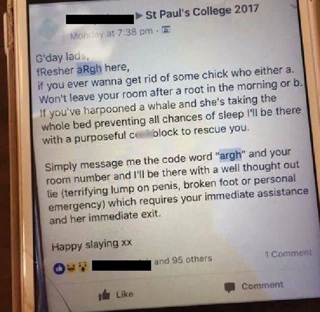 The post made on the college's 2017 Facebook page. Source: Supplied