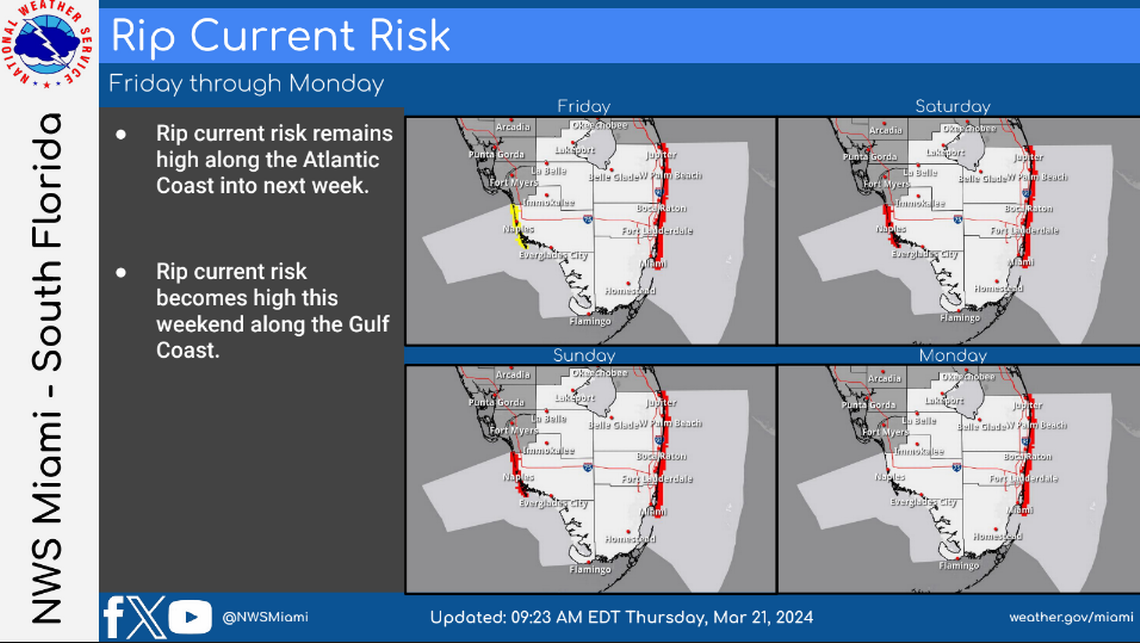 The risk of rip currents will remain high in South Florida into next week, according to the National Weather Service in Miami.