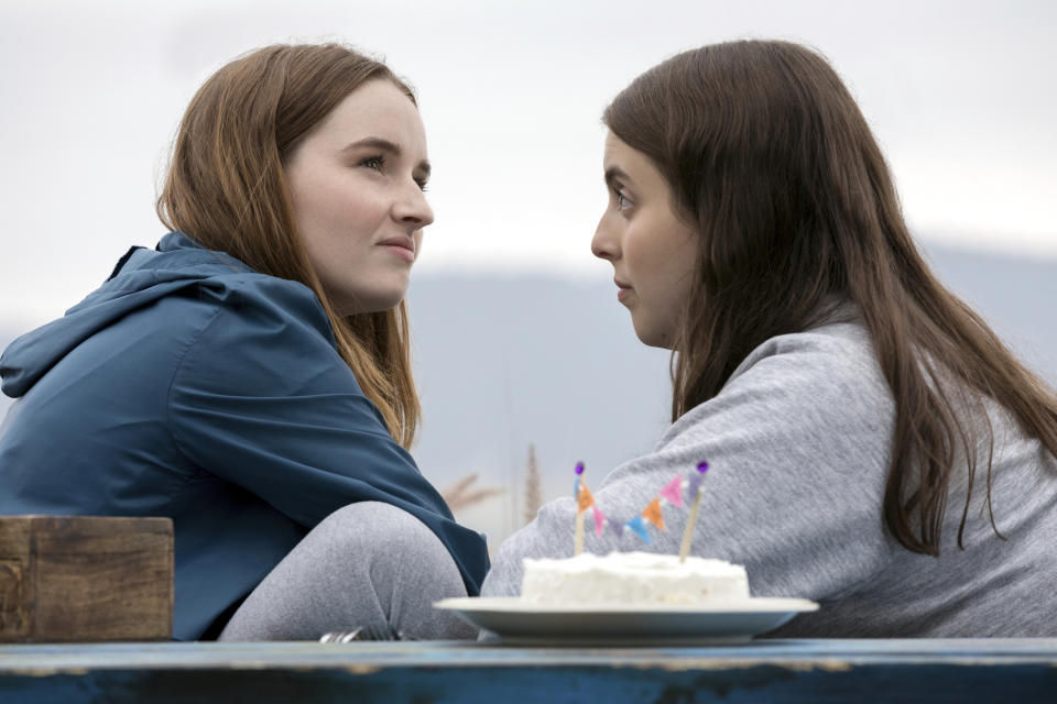 This image released by Annapurna Pictures shows Kaitlyn Dever, left, and Beanie Feldstein in a scene from the film "Booksmart." The film was nominated for a GLAAD Media Award for outstanding wide release film on Wednesday, Jan. 8, 2020. (Francois Duhamel/Annapurna Pictures via AP)