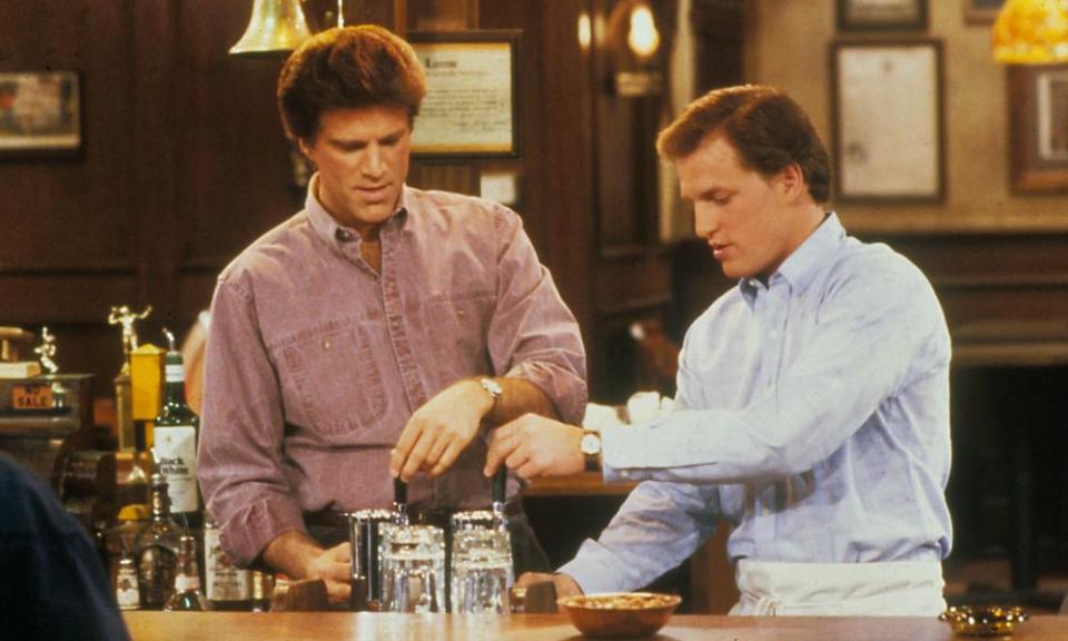 Sweetly boring… Harrelson as Cheers bartender Woody, with Ted Danson.