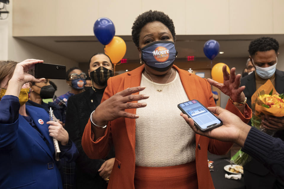 Felicia Moore, Atlanta City Council president and mayoral candidate, talks with journalists at her election night party Tuesday, Nov. 2, 2021 in Atlanta. (AP Photo/Ben Gray)