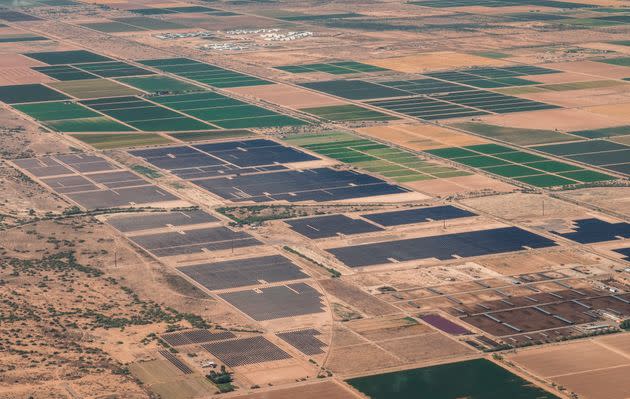 Aerial view of farmlands being converted to solar fields in Pinal County, Arizona.