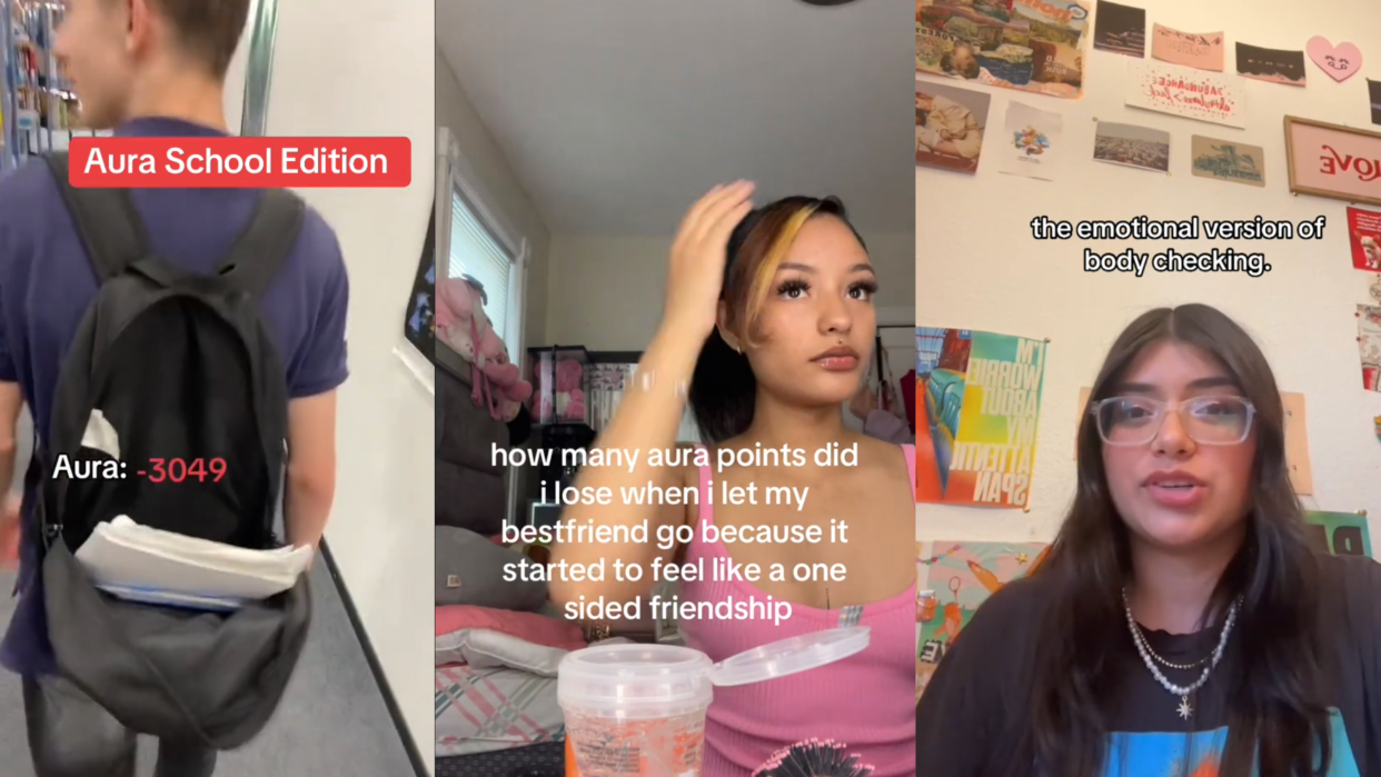 Three screenshots from TikTok videos showing people talking about aura points.