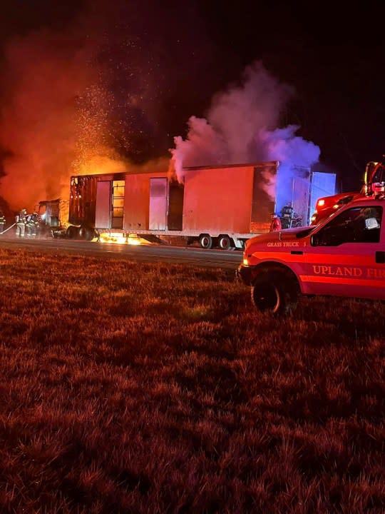 In this photo provided by Grant County Sheriff’s Office, animals are rescued by emergency responders after a truck fire near Marion, Ind., early Saturday, Jan. 27, 202. A truck hauling zebras and camels for a series of weekend circus performances caught fire early Saturday on the northeastern Indiana highway, prompting a police rescue of the animals. Sgt. Steven Glass with Indiana State Police says the tractor-trailer caught fire about 2 a.m. along Interstate 69 in Grant County about 60 miles northeast of Indianapolis. (Grant County Sheriff’s Office via AP)