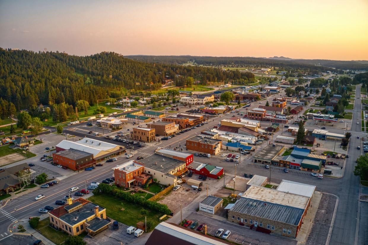 An aerial view of Custer, South Dakota at sunset