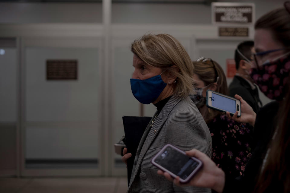 Republican Sen. Shelly Moore Capito speaks to reporters after the impeachment trial at the Capitol in Washington, on Feb. 11, 2021.<span class="copyright">Gabriella Demczuk for TIME</span>